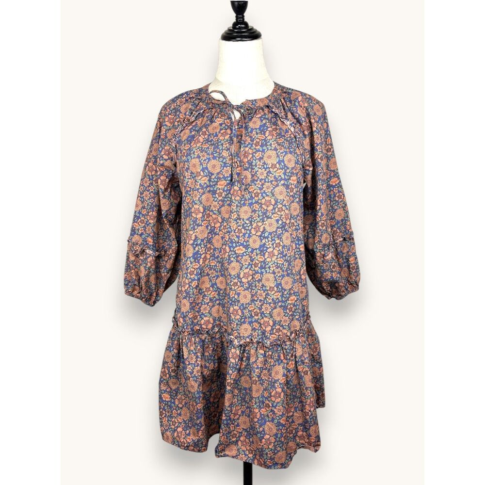 MELLODAY Floral Ruffle Mini Dress Small Blue Peach Boho Cottagecore